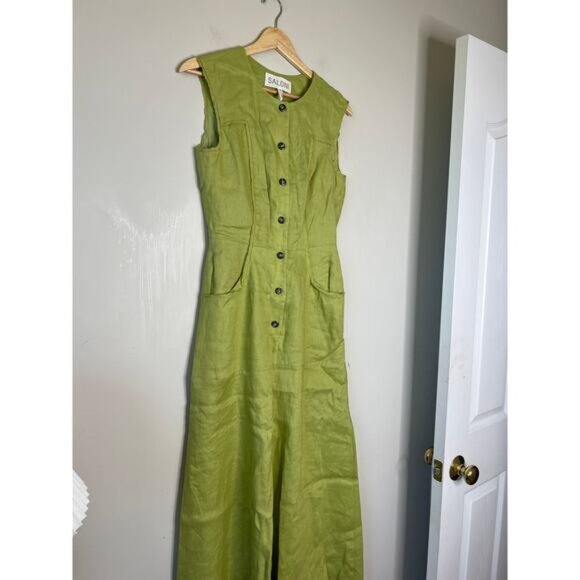 NEW Saloni  Sierra Shirt Sleeveless Frayed Linen Trim Maxi Dress Green Size: 2 - Picture 3 of 7